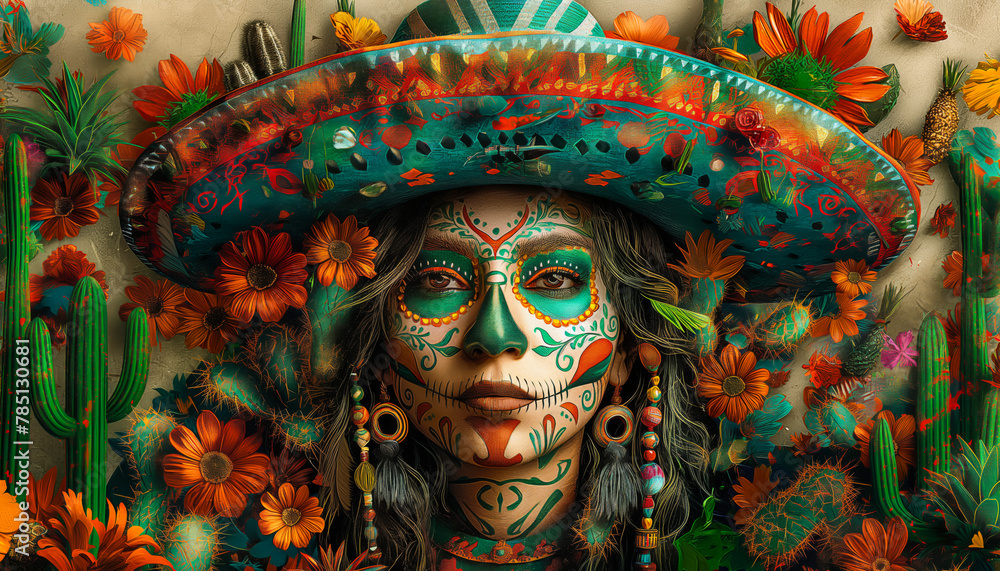 The woman in sombrero and with mexican skull face paints is surrounded by cacti and flowers. Cinco De Mayo concept. vintage style