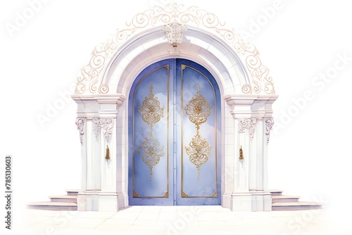 3D render of a classic blue door with golden ornaments