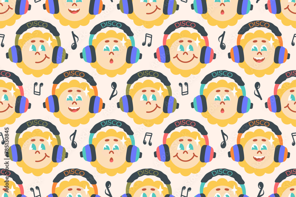 Groovy seamless pattern. Cartoon Sunshine with music player. Cute groovy sun in headphones with various emotion. Nostalgia for retro aesthetics, 2000s, 90s, 80s. Groovy background. Vector illustration Groovy seamless pattern. Cartoon Sunshine with music player. Cute groovy sun in headphones with various emotion. Nostalgia for retro aesthetics, 2000s, 90s, 80s. Groovy background. Vector illustration