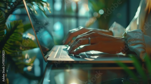 Close up of business woman hand typing on laptop computer keyboard with reflection on digital tablet on office table, online working, surfing the internet, distant job, remote work concept