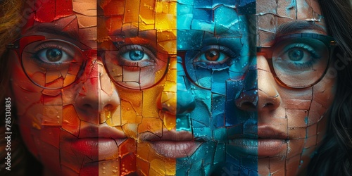 Creative collage of woman face made of broken glass. Art concept