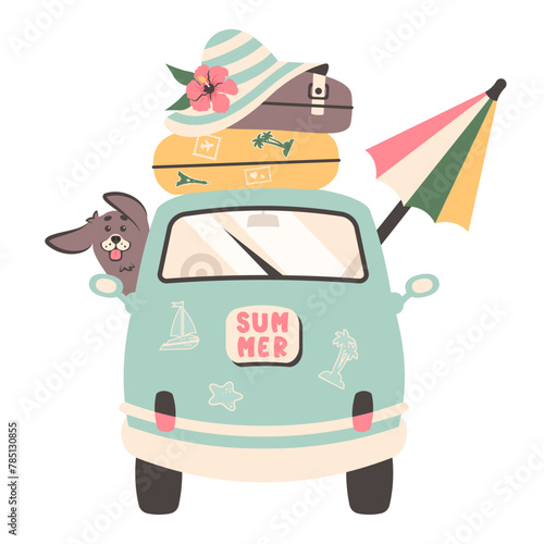 Summer travel. Family road trip by car. Car journey and tourist trip concept. Family traveling with suitcases, dog, beach umbrella, sunhat rides to sea. Family car goes to beach. Vector illustration