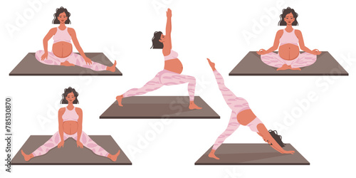 Pregnant yoga. Group of pregnant women meditating, relaxing  in lotus pose, doing exercises in asana. Physical training for future mouthers. Healthy lifestyle, bodycare, care for future child. Vector