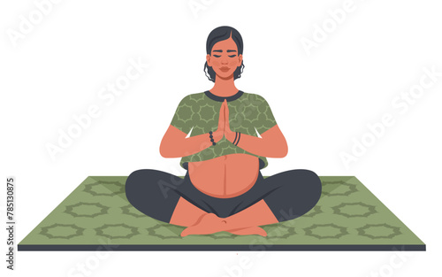 Pregnant yoga. Pregnant Asian woman doing yoga on mat. Beautiful Young Mom with belly meditation, relaxing. Healthy lifestyle, bodycare, care for future child. Vector illustration