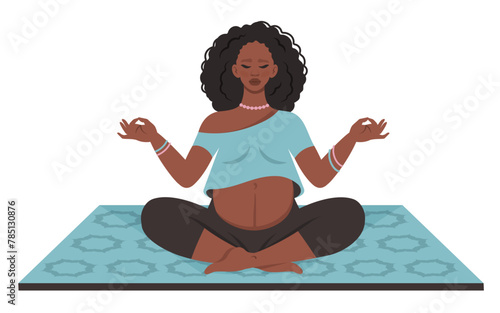 Pregnant mother practicing prenatal yoga. Pregnant african woman doing yoga on mat. Mom with belly meditation, relaxing. Healthy lifestyle, bodycare, care for future child. Vector illustration