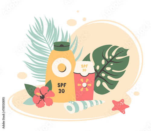 Summer relax. Tropical seascape with beach accessories. Sun bathing, sunscreen, palm leaves. Beach items for summer relaxing. Summer elements for healthy safe tanning. Vector illustration