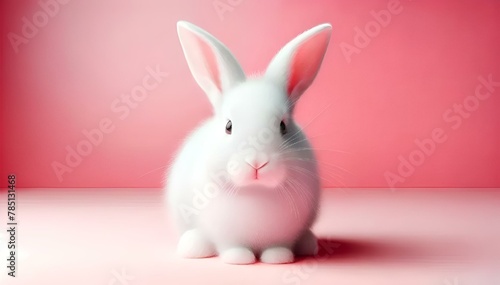 Pure white Easter bunny with a sleek  short coat displayed on a pink background