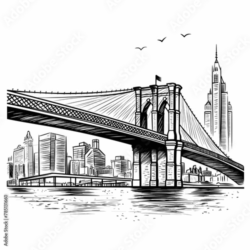 Brooklyn Bridge. Brooklyn Bridge hand-drawn comic illustration. Vector doodle style cartoon illustration