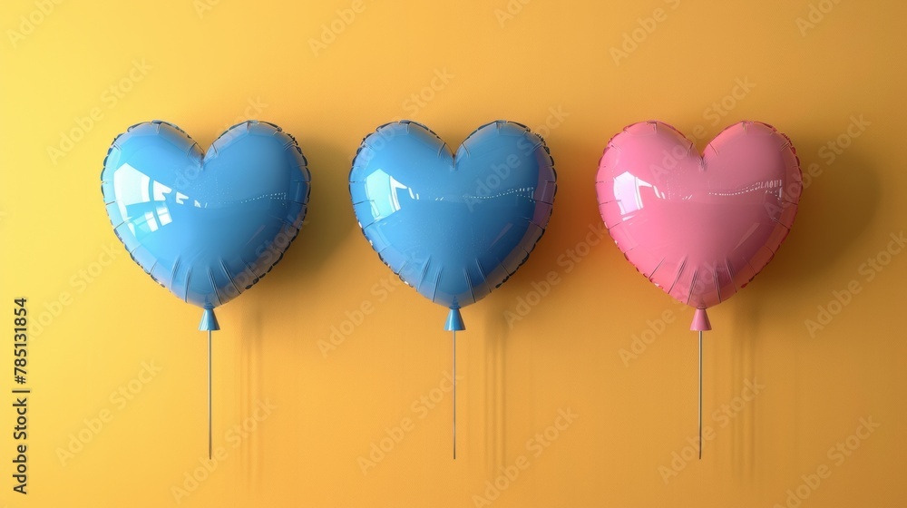 Illustration of three blue and pink heart shaped balloons arranged on yellow background.