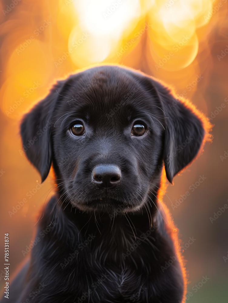 AI generated illustration of a black labrador puppy portrait at golden hour