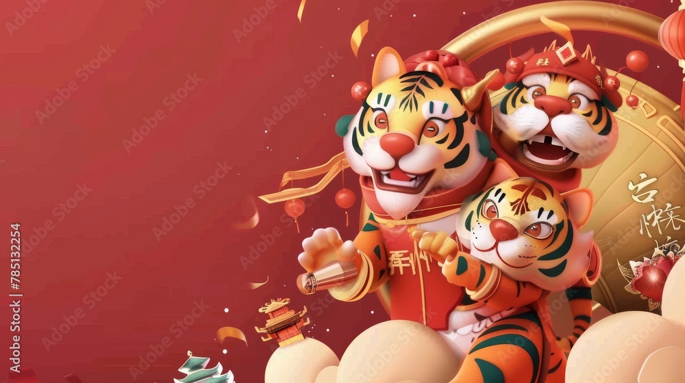 Naklejka premium Greeting card featuring a Chinese tiger knocking a gong and another one joining him in celebrating. The Chinese word for Happy Chinese New Year is written on a big couplet.