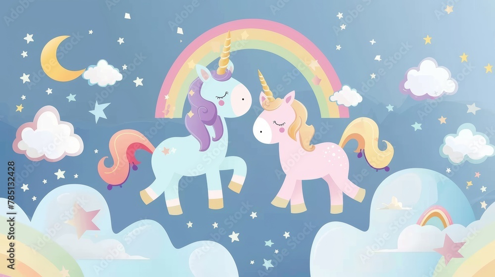 An illustration of beautiful unicorns, surrounded by rainbows, clouds, and stars in a fantasy wonderland. An illustration of a fantasy wonderland with beautiful unicorns, surrounded by clouds, stars,