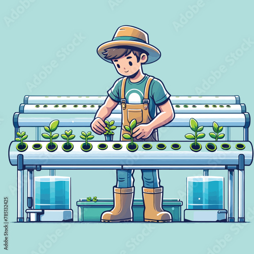 illustration of young farmer planting hydroponic plants in pipes in flat design style