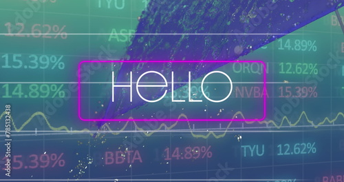 Image of hello text in rectangle over graphs, numbers and trading board over abstract pattern