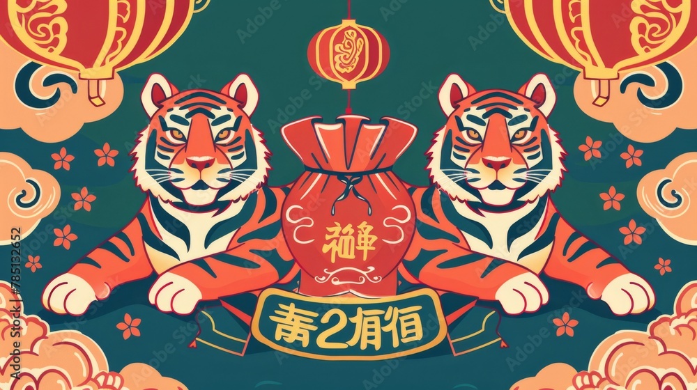 A pair of tigers lie in a circle around a richly filled lucky bag. A couplet wishing a happy new year appears above the bag.