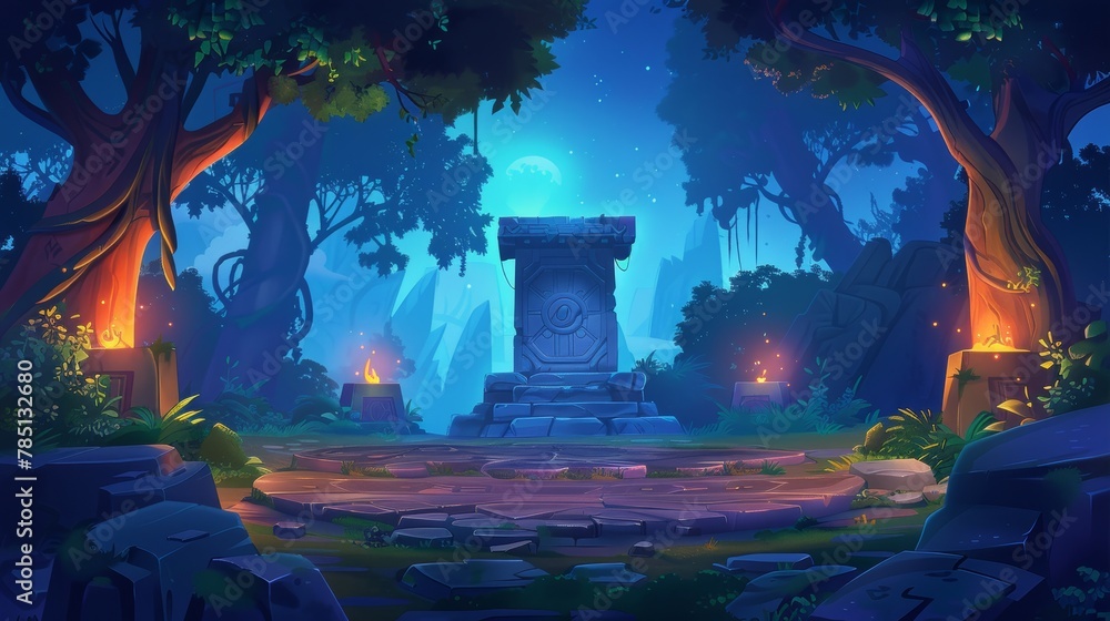 Battle arena with runes in a magic dark forest cartoon background. Aztec universe fantasy illustration with druid temple. Maya altar podium portal for video games.