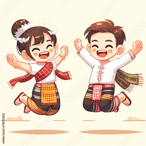 children jumping happily in Laos New Year celebration in flat design style