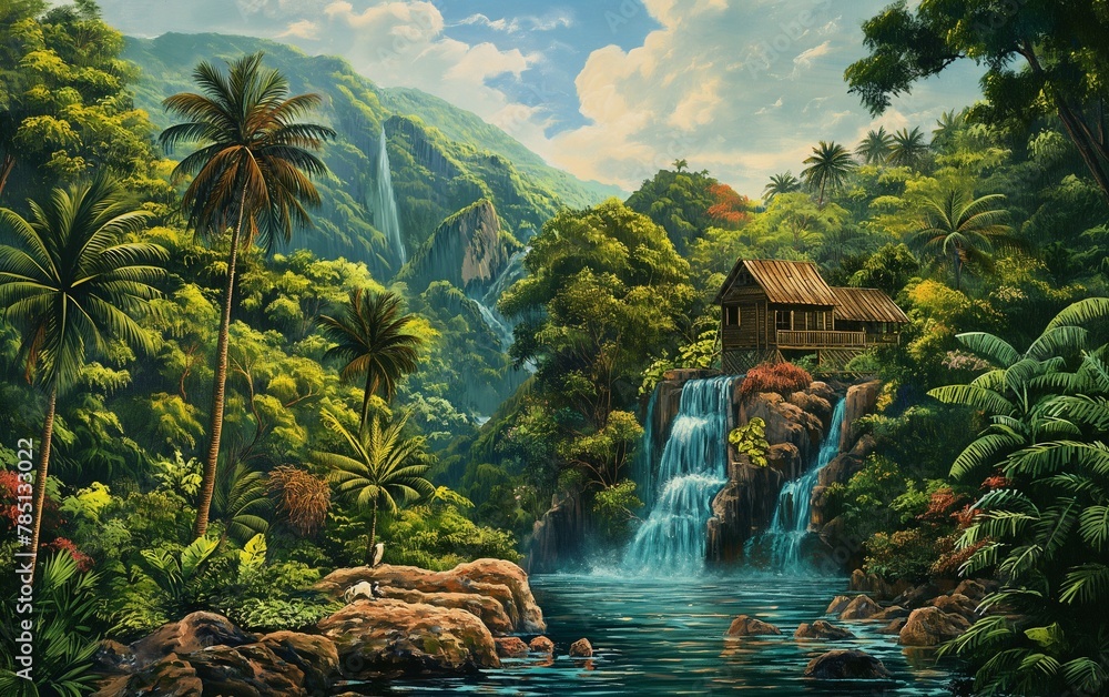 AI-generated illustration of a Tropical jungle with lush green trees and a cascading waterfall - obrazy, fototapety, plakaty 