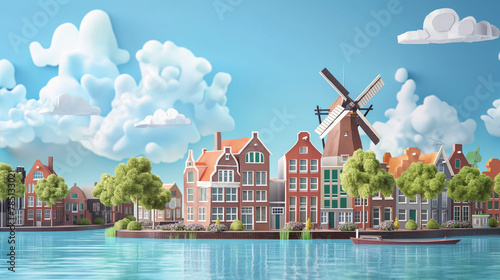 vector view of Amsterdam canal along classic old apartment with boat cruise transportation with Dutch old town and windmill of Amsterdam city, Netherland, Holland in Europe
