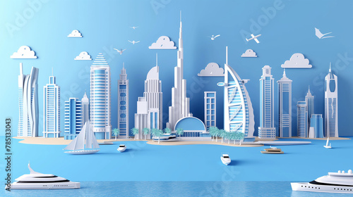 vector of Dubai city with modern skyline along beach in middle east, with the tallest skyline Burj Khalifa in Dubai City, United Arab Emirates