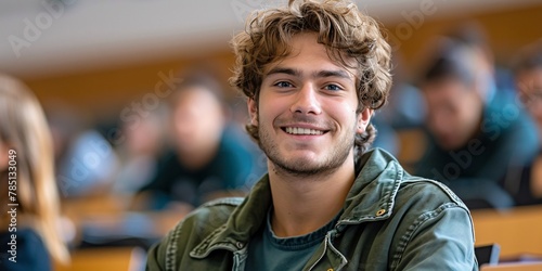 Cheerful university attendee in a lecture hall making eye contact with the camera.