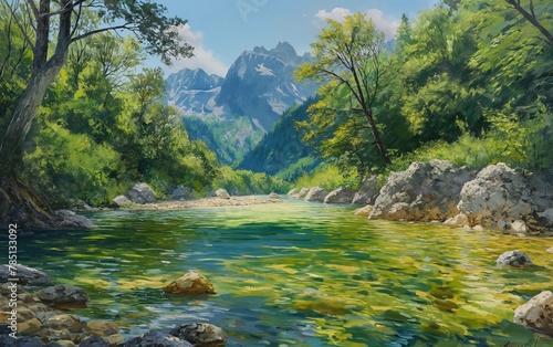 AI-generated illustration of a Scenic mountain valley with a river