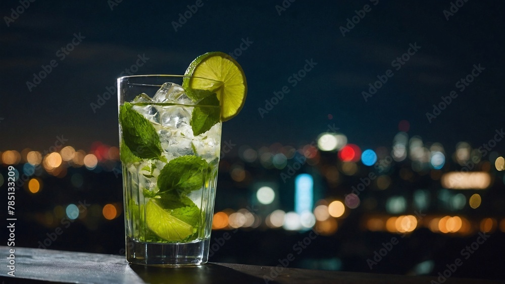 Glass of mojito with city during the night in the background Glass of mojito with city during the night in the background