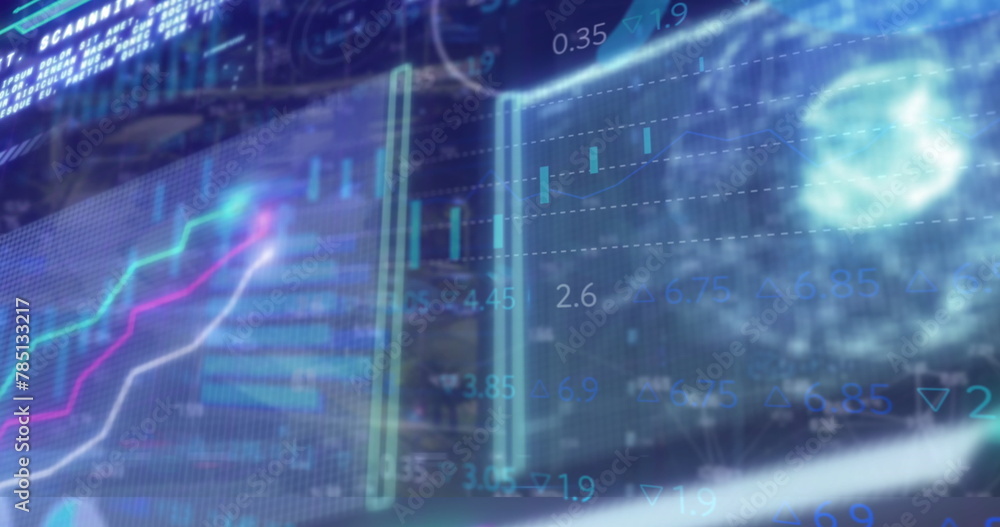 Fototapeta premium Image of interface with stock market data processing over spinning globe against blue background
