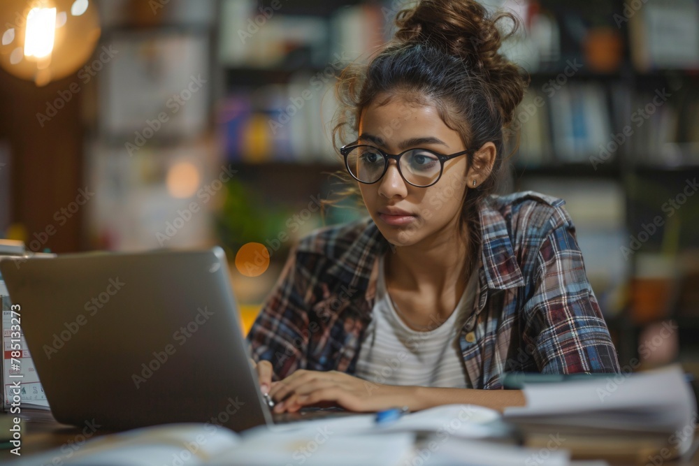Budgeting for household expenses; a determined Indian woman calculates utility costs and plans to pay taxes using online banking on her laptop. Budgeting for household expenses; a determined Indian woman calculates utility costs and plans to pay taxes using online banking on her laptop.