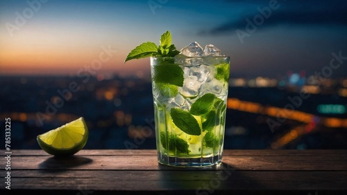 Glass of mojito with city during the night in the background
