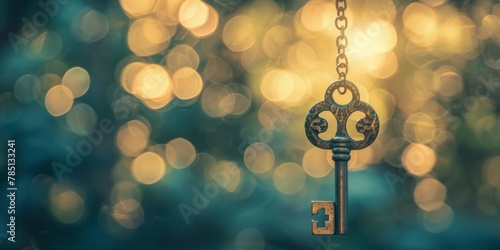 Antique key hanging against a blurred background of golden bokeh lights, conveying mystery and discovery.