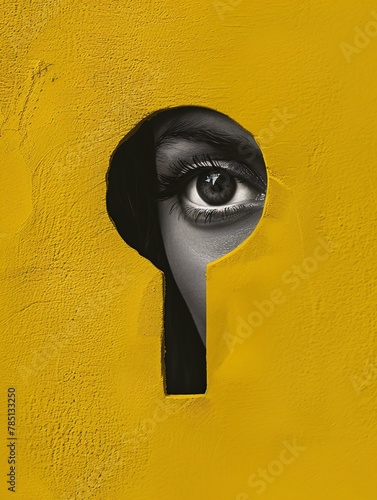 Mysterious discoveries. Woman's gaze peering through keyhole on yellow backdrop. Modern artistic combination. Idea of innovation, abstract art, imagination, and motivation. © ckybe