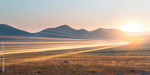 Long shadows stretching across a serene landscape at sunset with rolling hills.