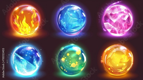 An isolated magic prophecy sphere modern icon. A glowing crystal ball of energy for fantasy game objects. The circle light globe magician element for prediction sets. A shining fireball with a flame