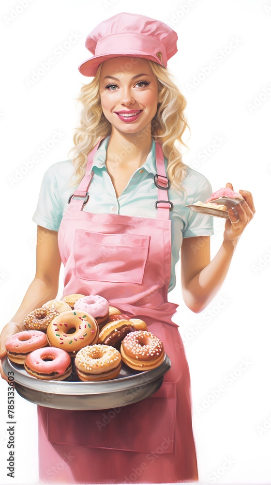 Smiling young woman cook with donuts. Isolated over white background. Smiling young woman cook with donuts. Isolated over white background.