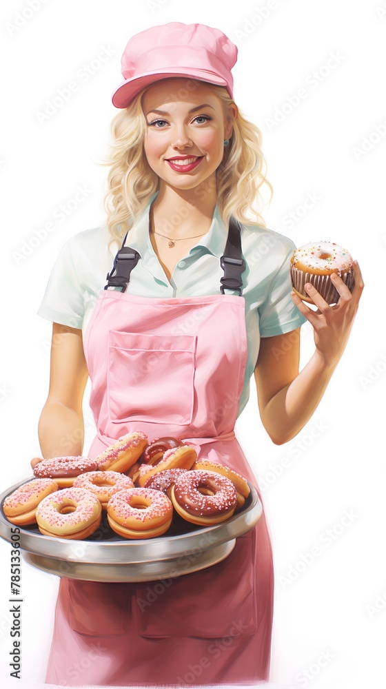 Blonde woman cook with donuts. Isolated over white background. Blonde woman cook with donuts. Isolated over white background.