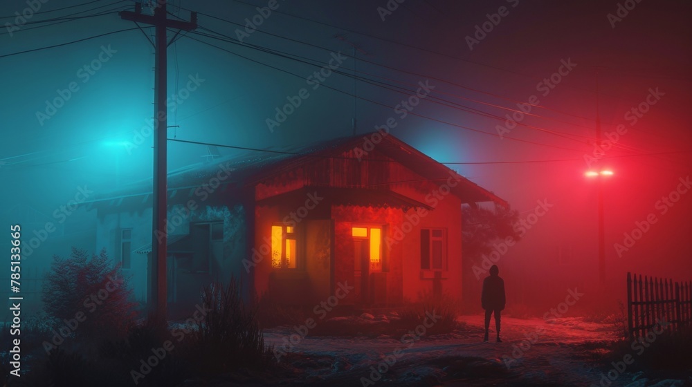 Silhouette of a person standing in front of a house with illuminated windows on a foggy, snowy night.