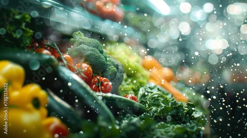 Close-up of fresh vegetables with sparkling water droplets, highlighting freshness and natural quality.