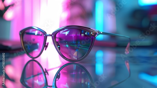 Stylish sunglasses reflecting neon lights on a glass surface, showcasing modern fashion accessories. © tashechka