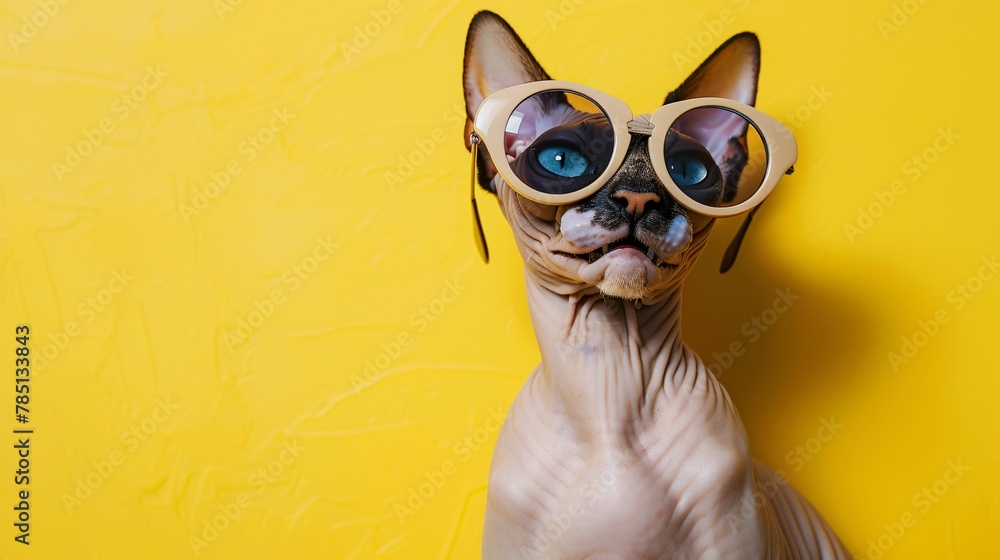 sphynx cat in sunglasses on isolated yellow background