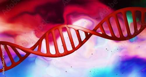 Red dna strand over colourful waves and processing data