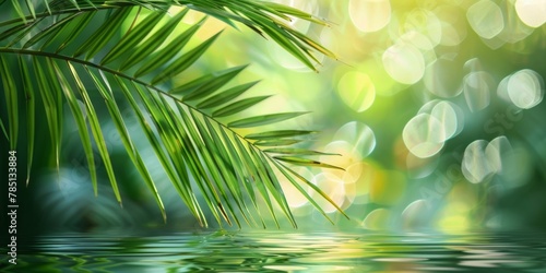 Tranquil scene with green palm leaves hanging over serene water with soft light creating a peaceful reflection.