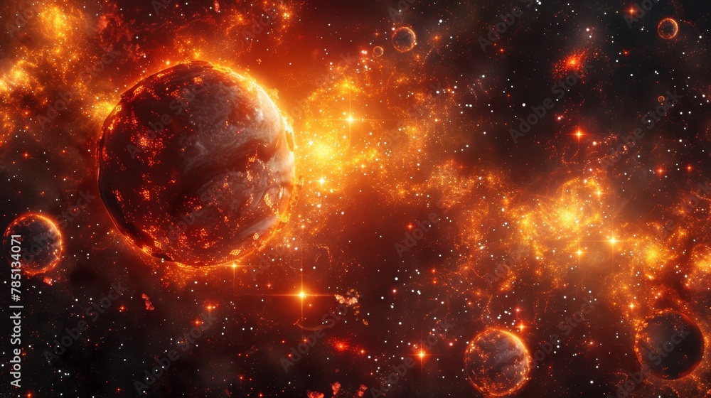 A dramatic cosmic spectacle showing exploding planets amidst a fiery stellar background.