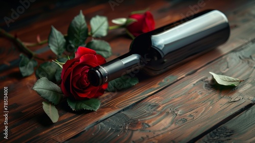 Elegant red rose and wine bottle set against the rustic charm of a wooden table.