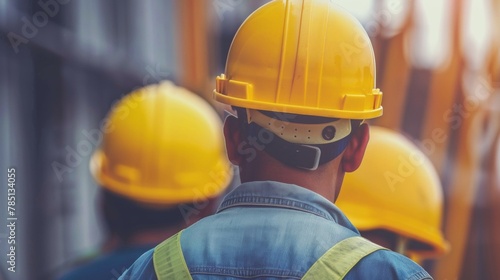 Back view of a construction worker in a yellow hard hat at a building site, embodying safety and professionalism.