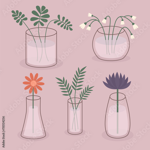 Flower in vase set. Different flowers, plant leaves. Glass vases with water. Lily of valley, daisy chamomile, gerbera, aster, icon. Ceramic Pottery decoration. Pink background. Flat design. Vector
