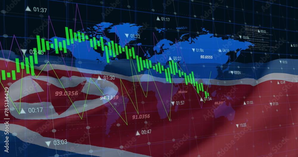 Fototapeta premium Image of blue lines financial data processing, world map over flag of north korea