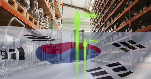 Image of yellow arrows and flag of south korea over warehouse