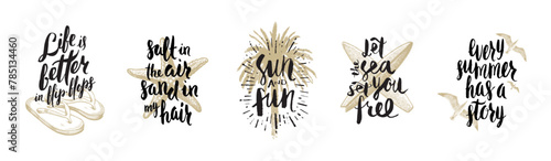 Set of summer holidays and tropical vacation quote and phrases with hand drawn elements. Brush calligraphy type design. Vector illustration.