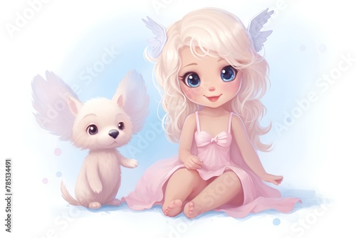 Cute little fairy with a dog on a blue background. Vector illustration.